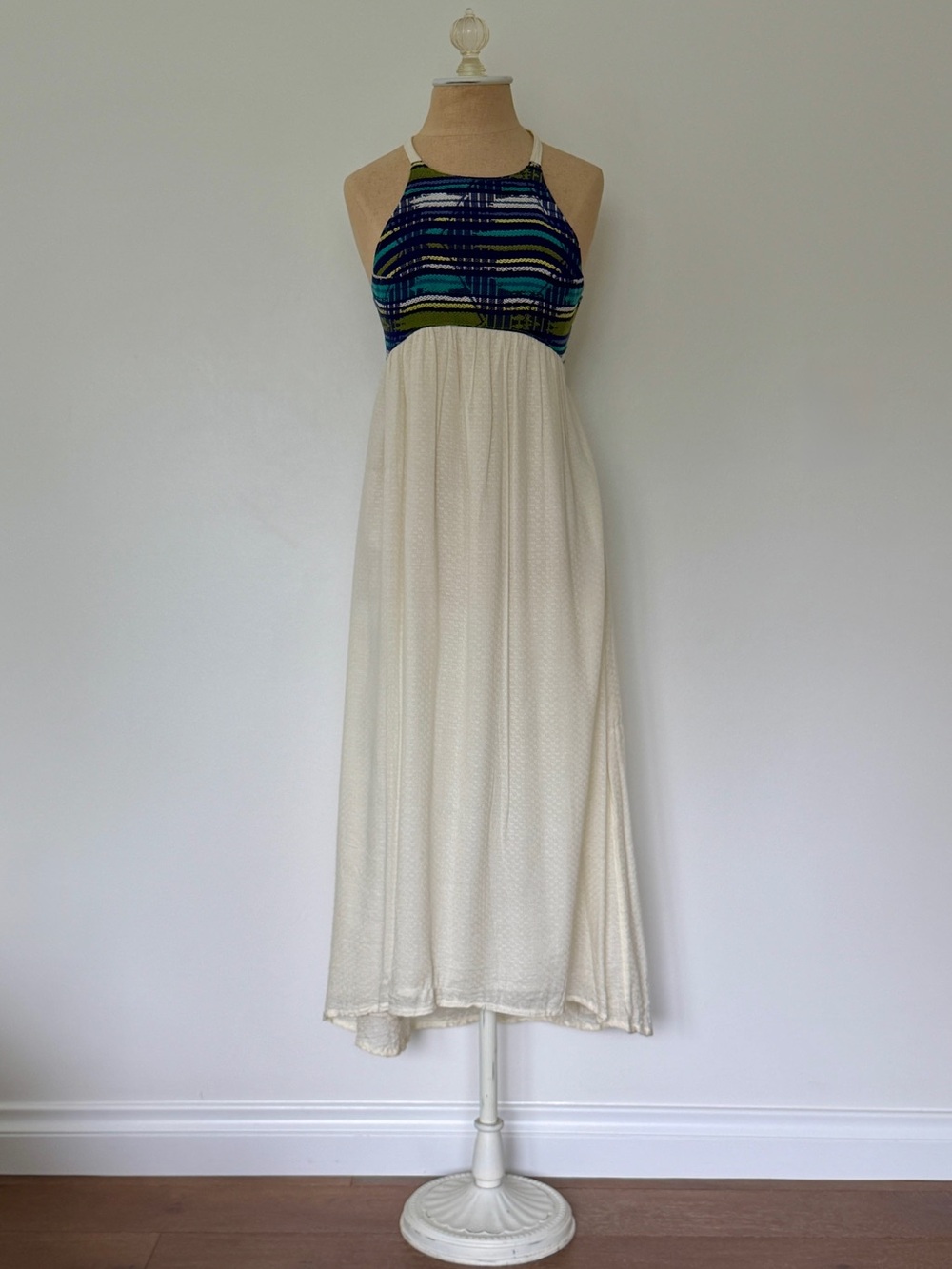 Roxy Halter Maxi Dress Empire Waist Blue Cream Size S